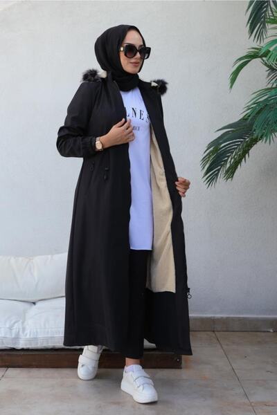 benguen Μοντέλο 9502 - Μαύρο μακρύ γούνινο παλτό Bondit με κουκούλα