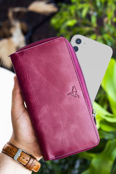 Garbalia Orleans Vintage Leather Claret Red Clutch Bag with Phone Compartment Wallet Card Holder