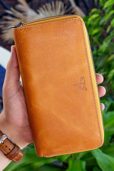 Garbalia Orleans Vintage Deri Hardal Sarısı Telefon Bölmeli Rfid Engelleyici El Çantası Cüzdan