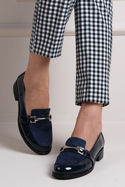 Mio Gusto Navy Blue Color Patent Leather And Suede Women's Daily Oxford Flat Shoes
