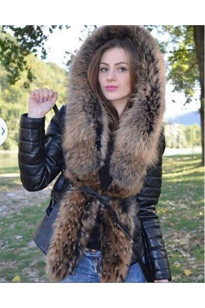 Derimont's Hakiki Deri Siyah Kürklü Işlemeli Venetta Kadın Deri Mont