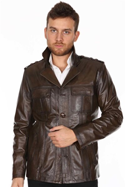 Derimont's Hakiki Deri Kahverengi Erkek Deri Mont Düğmeli Deri Ceket