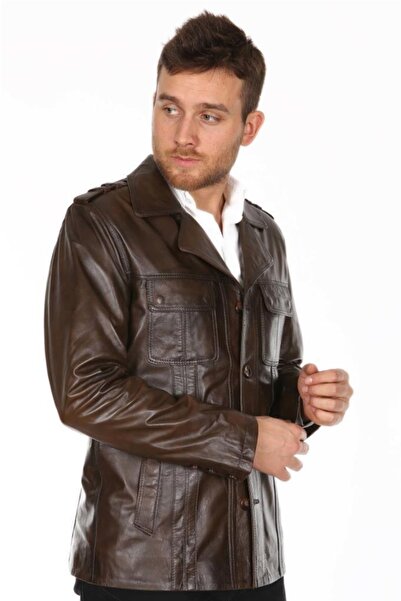 Derimont's Hakiki Deri Kahverengi Erkek Deri Mont Düğmeli Deri Ceket