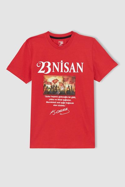 DeFacto Tricou cu mânecă scurtă imprimat cu hologramă Ataturk pentru băiat