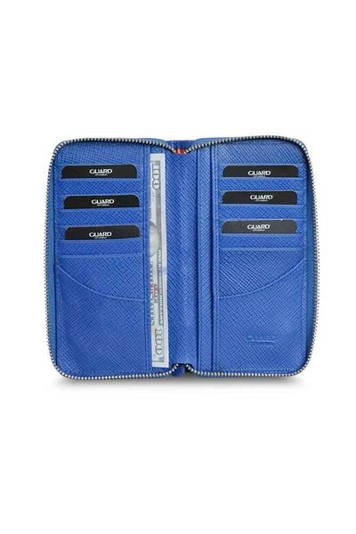 GUARD Blue Sack Print Zippered Portfolio Wallet Genuine Leather