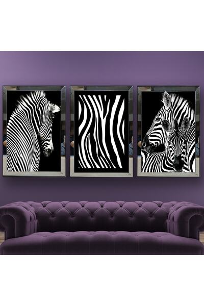 dbsanat Zebra Temalı Aynalı Çerçeveli 3 Lü Kanvas Tablo Seti 150x70 Cm