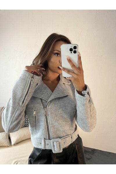 Fame Women's Belt Detailed Zippered Short Coat Gray