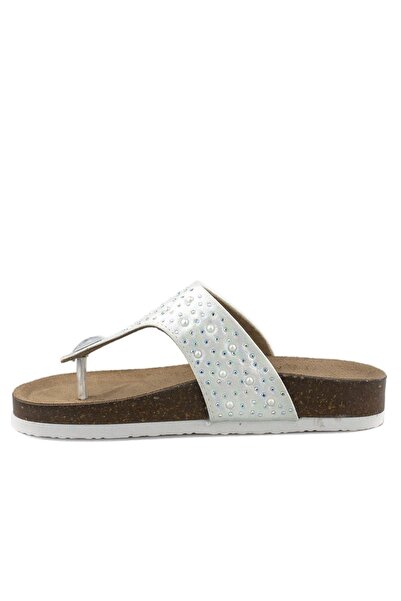 Cici Bebe Ayakkabı Genuine Leather Stoned White Anatomical Girls' Flip Flops