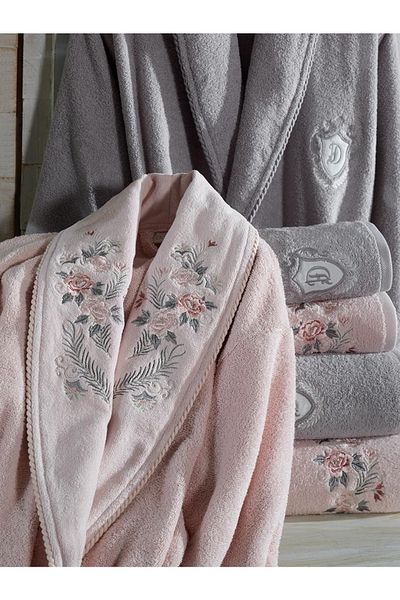 Dantela Σετ οικογενειακό μπουρνούζι Larosa Powder-Grey 6 τεμαχίων από βαμβακερό κέντημα