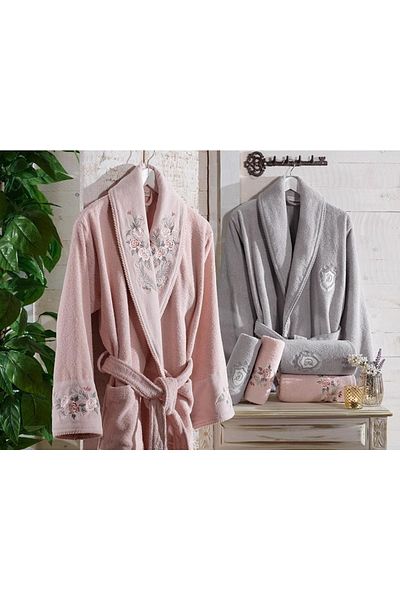 Dantela Σετ οικογενειακό μπουρνούζι Larosa Powder-Grey 6 τεμαχίων από βαμβακερό κέντημα