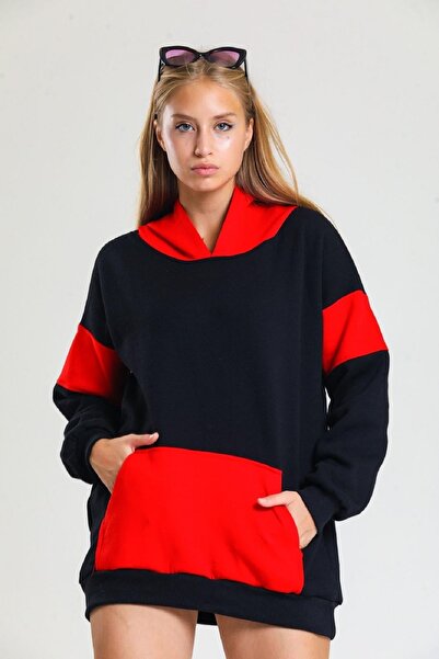 lovebox Триниткова бавовняна тканина з шардоном, капюшон з кишенями, чорно-червона оверсайз-футболка 400