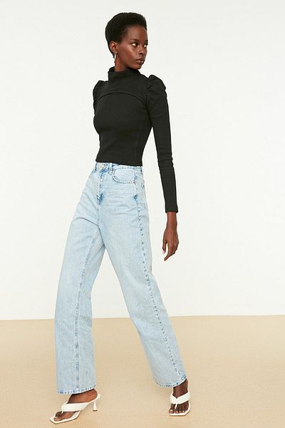 Trn JNS Pantaloni palazzo din denim cu picioare foarte înalte, în lycra, Ice Blue, anilor 90
