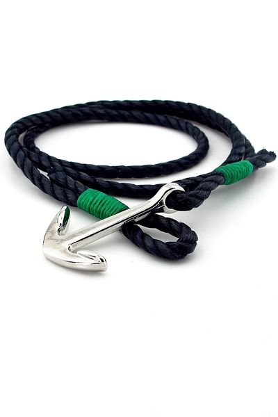 Solfera Navy Blue Green Three Row Anchor Sailor Rope Men's Bracelet M023b