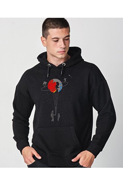 Trend Sizde سويت شيرت بغطاء للرأس مطبوع عليه بالون زحل باللون الأسود للجنسين