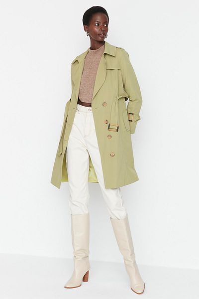 Trendyol Collection Світла вітровка з поясом хакі Детальна довга куртка Trenckot TWOSS21TR0020