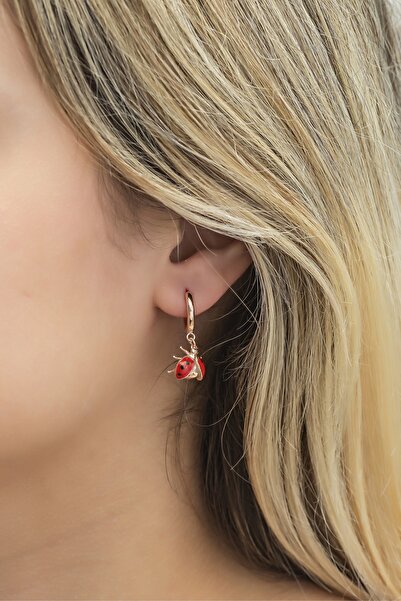 Nereze 925 Ayar Gümüş Rose Mineli Uğur Böceği Küpe