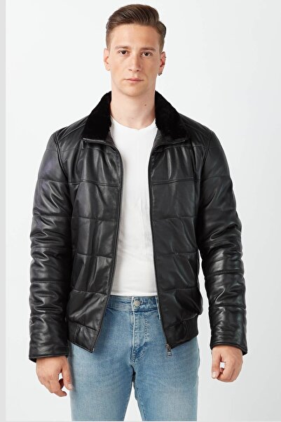 Deriza Yakası Kürk Detaylı Hakiki Deri Mont Siyah