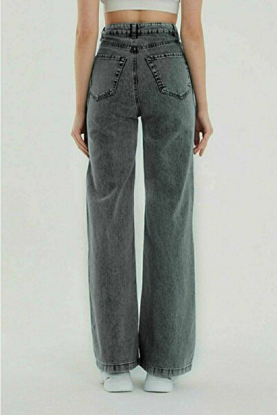 Livik Toska Smoked Lycra High Waist Wide Leg Jean Loose Wide Leg Denim Trousers