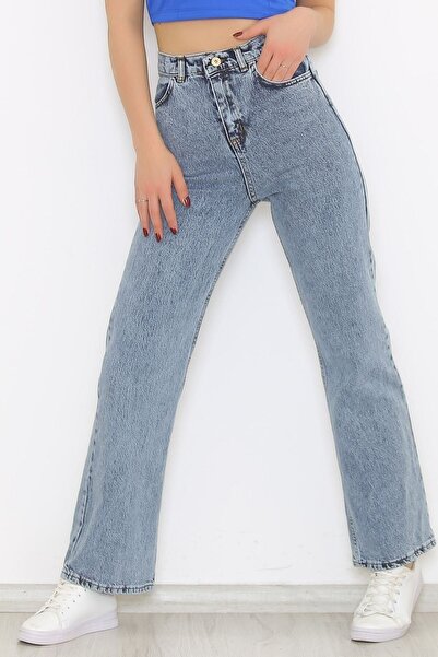 Livik Jean albastru cu talie înaltă din lycra cu picioare largi Blugi largi cu picioare largi