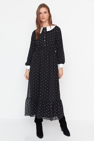 Trendyol Modest Μαύρο φόρεμα σιφόν με γιακά μωρού πουά TCTAW23EB00148