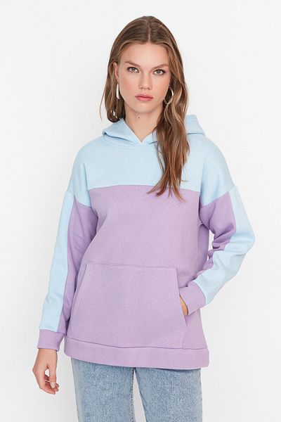 Trendyol Modest Light Blue Color Block Hooded 100% Cotton Knitted Sweatshirt TCTAW23TW00173