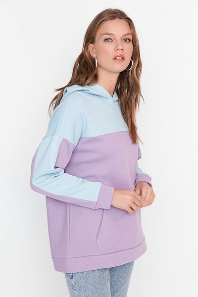 Trendyol Modest Light Blue Color Block Hooded 100% Cotton Knitted Sweatshirt TCTAW23TW00173