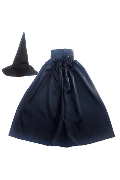 Gala Kostüm Hallowen Cadılar Bayramı Siyah Çocuk Cadı Şapkası Ve Pelerin (70CM) Set