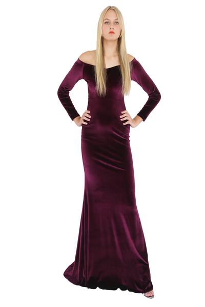 Styling Park Omzu Açık Uzun Kadife Elbise