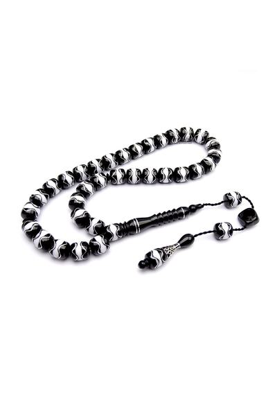 TAŞHAN Siyah Beyaz Gümüş-galalit Işlemeli Sistemli Oltu Taşı Tesbih