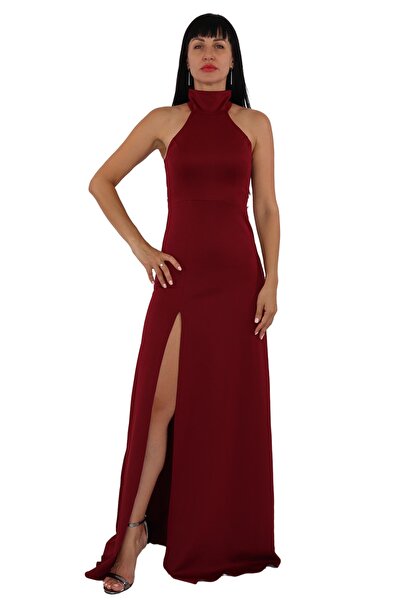 Styling Park Boğazlı Yırtmaçlı Uzun Elbise