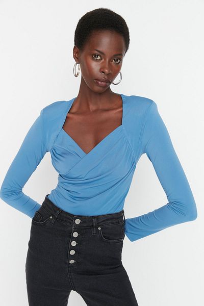 Trendyol Collection Πλεκτό σώμα με επένδυση Indigo Λεπτομερές Εφαρμοσμένο/Εύκαμπτο κουμπωτό σώμα TWOAW22BD0156