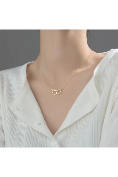 GÜMÜŞ 24 Ayar Has Altın Kaplama Iç Içe Kalp Kolye
