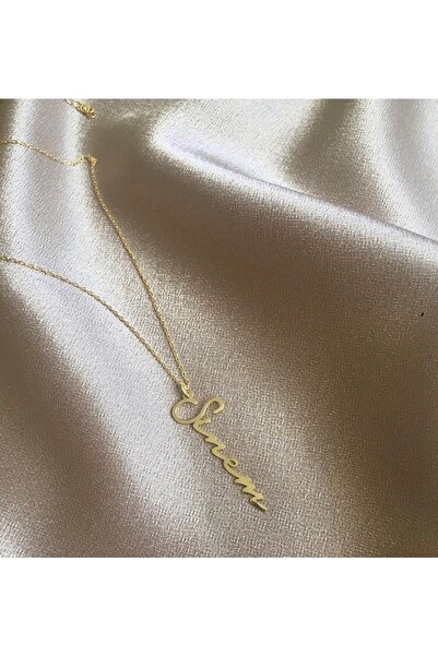 GÜMÜŞ 24 Ayar Has Altın Kaplama Dikey El Yazısı Isim Kolye