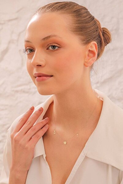 GÜMÜŞ 24 Ayar Has Altın Kaplama Çoklu Haç Kalp Çapa Kolye