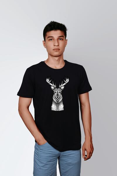 ErTaPassage Muški crni crni jelen Štampano Oversize kroj T-shirt T1861747