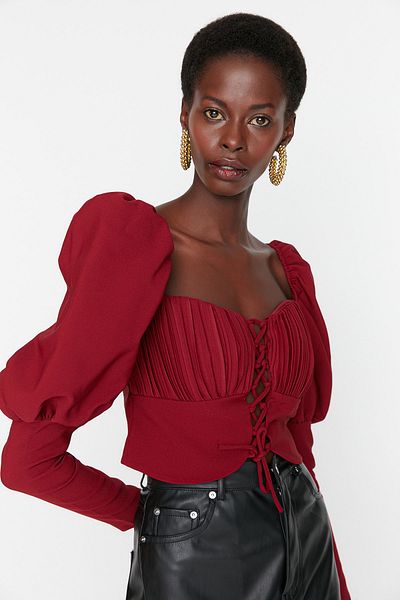 Trendyol Collection Bluză Roșie Claret Cu Detaliu Coastă TPRAW20BZ0990