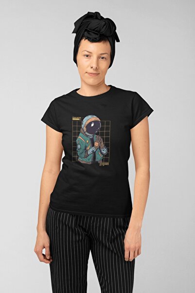 ErTaPassage Astronaut negru cu imprimeu femei tricou - T7613002