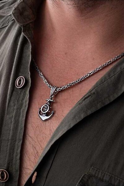 Anı Yüzük Erkek Gemi Çapası Ve Dümenli 925 Ayar Gümüş Kolye Kral Zincirli