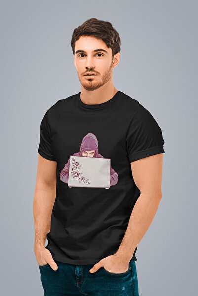 ErTaPassage Ανδρικό μαύρο μπλουζάκι Hacker με τύπωμα - T389563