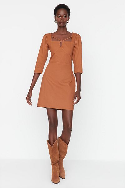 Trendyol Collection Кафява тъкана рокля с кантове TWOAW23EL00523