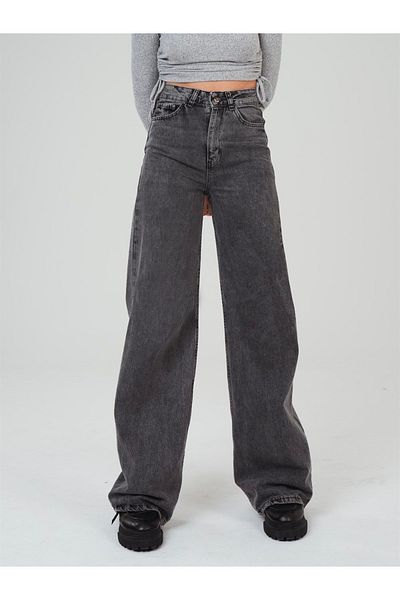 Trn JNS Alia Smoked Extra Lycra Anthracite Super High Waist Loose Jeans Palazzo Trousers (wide Leg)