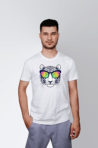 ErTaPassage Men's White Tiger with Sun Glasses Printed Standard T-Shirt t 912...