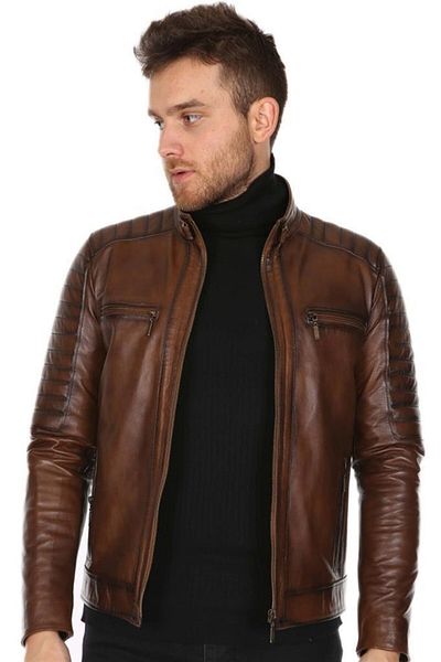 Derimont's Genuine Leather Brown Zippered Embroidered Men's Leather Coat