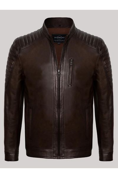 Derimont's Genuine Leather Brown Men's Leather Coat Straight Line Embroidered Zippered Leather Jacket