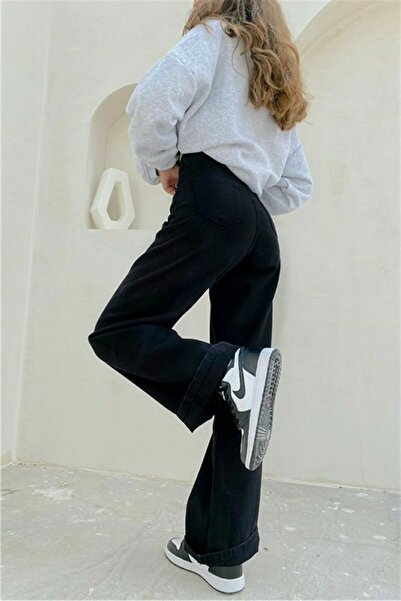 Livik بنطلون جينز بالازو فضفاض عالي الخصر من الليكرا باللون الأسود 90