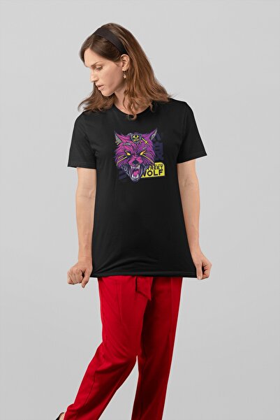 ErTaPassage Black Cyber Punk Woman tricou - Wolf cu imprimeu , Standard Fit T...