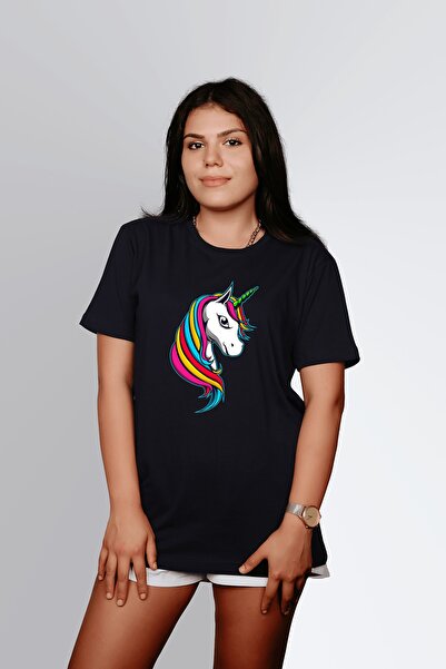 ErTaPassage Unicorn negru pentru femei cu imprimeu supradimensionat tricou T7...