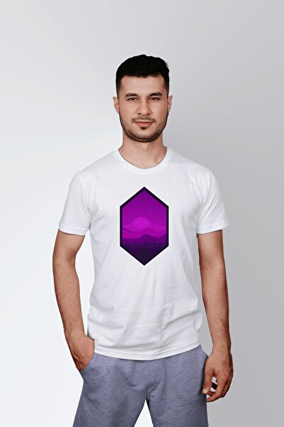 ErTaPassage Men's White Three Mountains Printed Oversize T-Shirt t 1425063