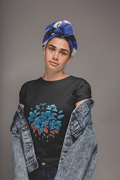 ErTaPassage Model de flori de crin negru albastru supradimensionat femei tricou - T8994419