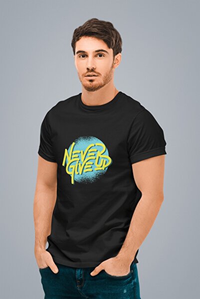 ErTaPassage Negru pentru bărbați Never Give Up cu imprimeu tricou - T1375210